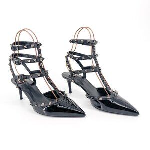 Valentino Rockstud Black Patent Leather Caged Strappy Pumps Heels Size 40 US 10